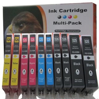 10 komp. Druckerpatronen zu Canon PGI-525/CLI-526 Canon IP4800 IP4850 IP4900 IP4950 MG5100 MG5150 MG5200 MG5250 MG5300 MG5350 MG6100 MG6150 MG6200 MG6250 MG8100 MG8150 MG8150 MX885 IX6650 mIt Chip und F&uuml;llstandsanzeige